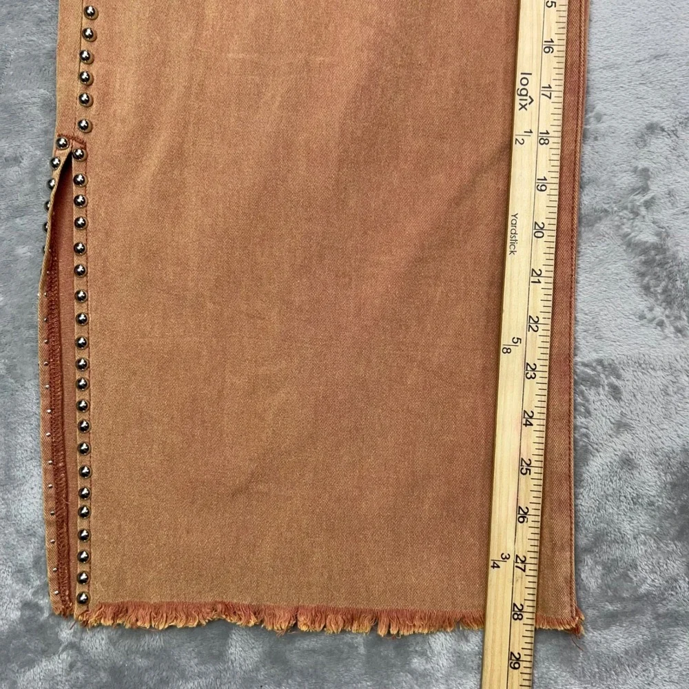 POL Wide Leg Pants Womens Medium Rust Gold Studded Split Hem Raw Edge Boho Jeans
